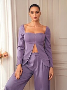 WANDERFUL 设计师商务休闲紫色拉链长袖口袋优雅衬衫，适合假日、春季、节日、办公室 - 紫色 - 查看 6