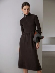 SHEIN Privé 法式百搭简约拉链高领收腰修身长袖女式长款毛衣连衣裙，适合冬季 - 深灰色 - 查看 3