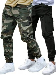 SHEIN 2pcs/Set Kids Tween Boys Casual Street Camouflage Pattern & Solid Color Patch Pockets Straight Leg Loose Pants,Suitable For School,Garden,Beach,Birthday,Spring,Summer,Autumn,Winter
