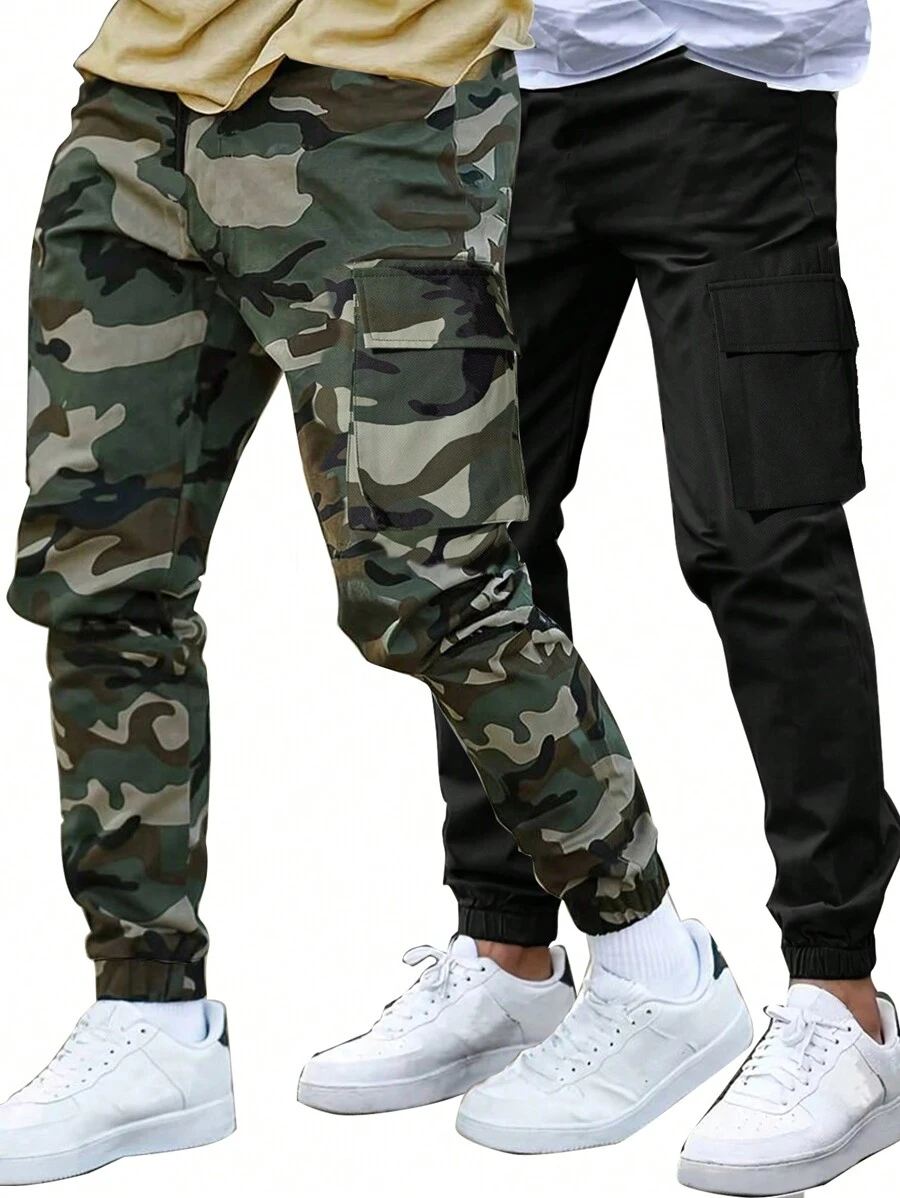 SHEIN 2pcs/Set Kids Tween Boys Casual Street Camouflage Pattern & Solid Color Patch Pockets Straight Leg Loose Pants,Suitable For School,Garden,Beach,Birthday,Spring,Summer,Autumn,Winter