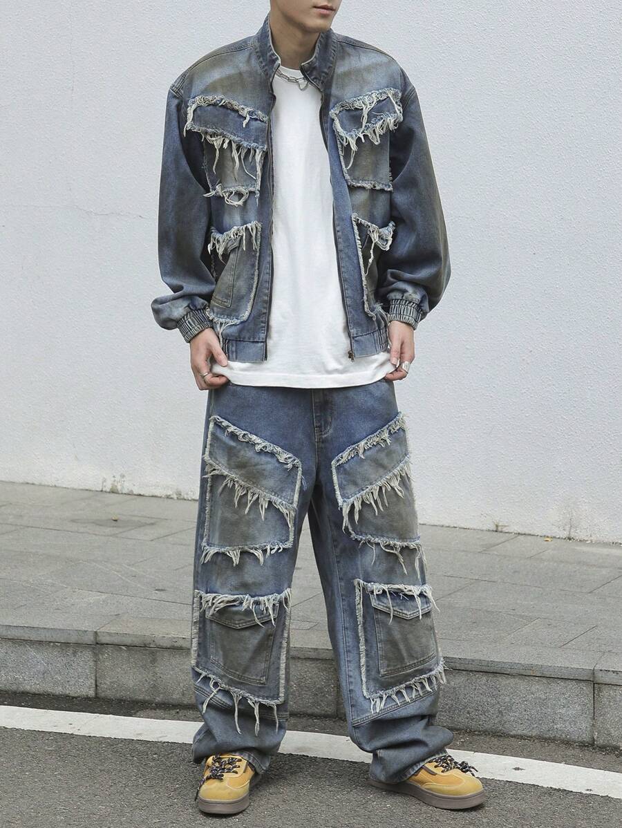 Manfinity EMRG 2pcs Men Casual Denim Zip Up Long Sleeve Top And Trouser Set