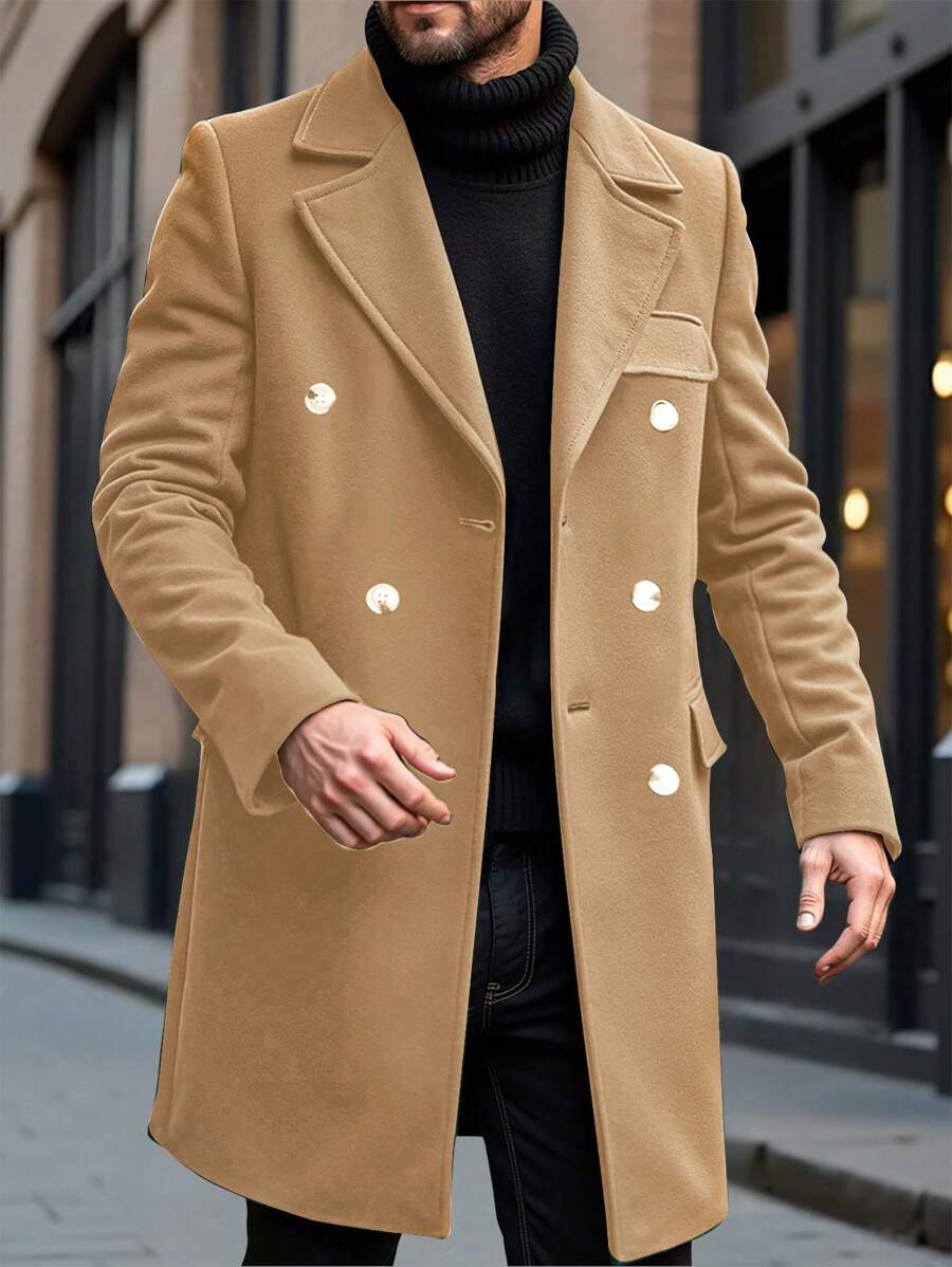 Manfinity Homme Áo khoác nam trơn màu đơn giản cài hai hàng khuy, Thu/Đông - Màu Khaki - Xem 1