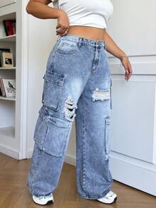 SHEIN EZwear بنطلون جينز أزرق واسع مستقيم الساق مقاسات كبيرة ، كاجوال