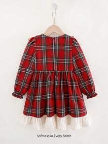 Cozy Pixies Young Girl Colorful Plaid Contrast Ruffle Hem Waist Fit Long Sleeve Dress - Red - View 2