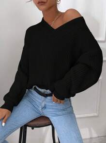 EURMUSE Women's Solid Color Drop Shoulder Sweater - Black - View 5