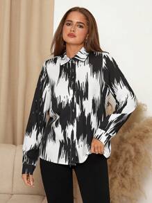 SHEIN Clasi Áo sơ mi nữ đi làm họa tiết khối màu thường ngày, mùa thu - Đen và trắng - Xem 6