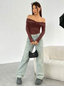 SHEIN EZwear บอดี้สูทสีน้ำตาลถักไหล่ปล่อย สำหรับผู้หญิง - สีน้ำตาล - ดู 6