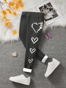 Tween Girls Casual Street Style Heart Print High Waisted Warm Thermal Lined Leggings - Grey - View 1