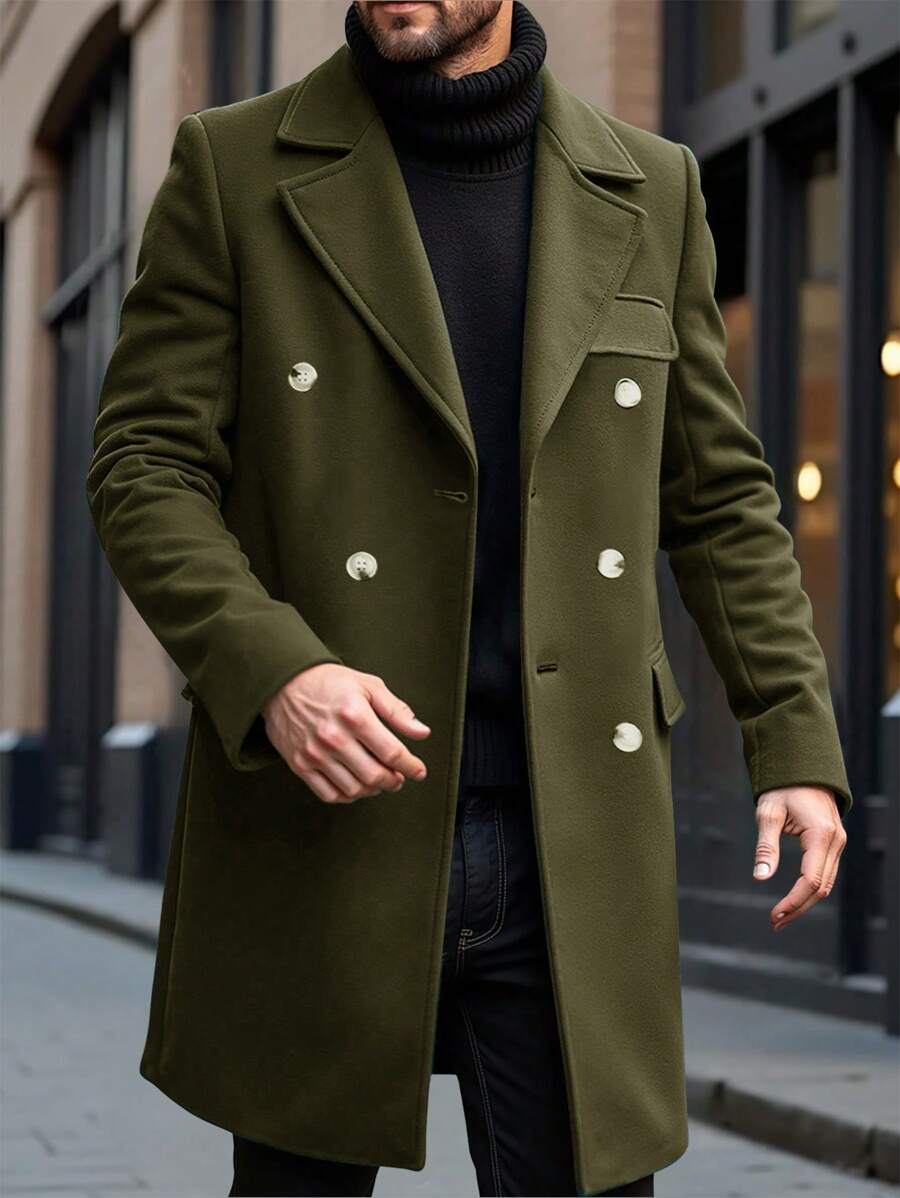 Manfinity Homme Men's Autumn/Winter Casual Solid Color Double-Breasted Overcoat - Olive Green - View 1