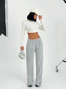 EURMUSE Women Casual Solid Color Elastic Waist Sweatpants - Grey - View 1