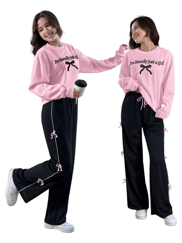 Sparklyn 2 件套青少年女孩休闲甜美蝴蝶结装饰长袖运动衫 + 阔腿蝴蝶结裤