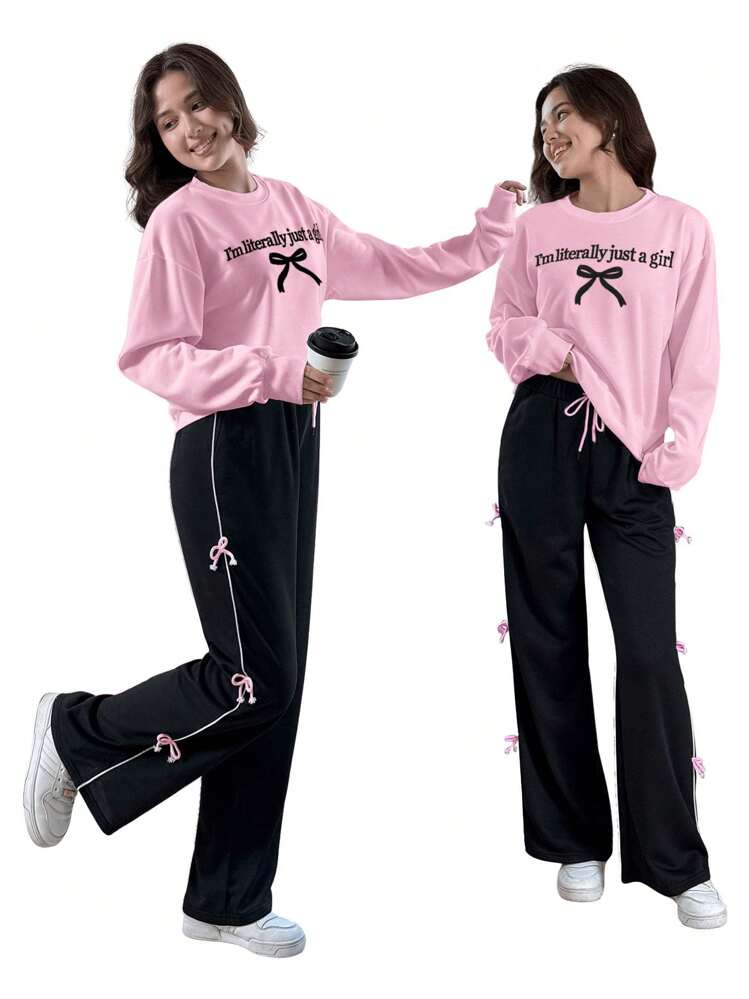 Sparklyn 2 件套青少年女孩休闲甜美蝴蝶结装饰长袖运动衫 + 阔腿蝴蝶结裤 - 粉色 - 查看 1