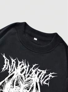 ROMWE MEN Goth Men Skull & Letter Graphic Sweatshirt, School - Black - View 6