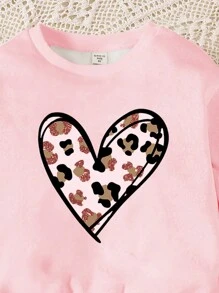 SHEIN 2pcs Casual Set For Young Girls: Heart Leopard Print Thick Crew Neck Long Sleeve Sweatshirt And Leggings, Suitable For Autumn/Winter