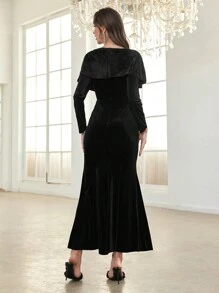 Modelyn Robe fourreau en tricot à encolure en V élégante avec pièce en velours sur les épaules pour femme. Longue robe de soirée pour femmes