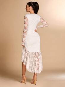 SHEIN BAE Damen Kleid mit tiefem V-Ausschnitt, geraffeter Taille, Rüschensaum, eleganter schlanker Passform, weiße Spitze - Weiss - Übersicht 2