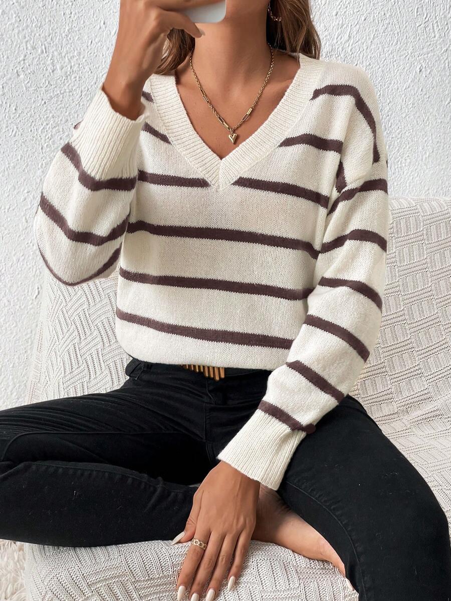 SHEIN Frenchy Black White V Neck Striped Pattern Drop Shoulder Sweater - Coffee Brown - View 1