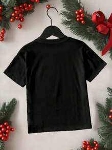 青少年男孩基本款短袖 T 恤，圣诞老人和驯鹿舞蹈图案印花，休闲舒适，适合圣诞节派对 - 黑色 - 查看 2