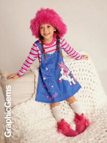 条纹圆领长袖独角兽印花宽松休闲连衣裙，适合年轻女孩