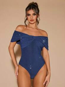 SHEIN BAE Women's Glittery Elegant Off Shoulder Short Sleeve Twisted Back Tie Bodysuit