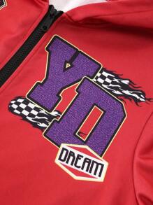 Manfinity EMRG 男士休闲字母印花拉链连帽运动衫，秋冬季图案长袖拉链连帽衫，适合朋友、丈夫、男朋友的礼物 - 紅色 - 查看 3