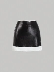 SHEIN MOD 黑白蓬松PU皮革长袖西装外套和迷你裙两件套，秋冬 - 黑色 - 查看 3