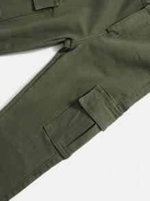 SHEIN Tween Boy's Flap Pocket Casual Cargo Jeans, Stylish And Versatile For Daily Wear, Suitable For Spring And Autumn - Army Green - View 5