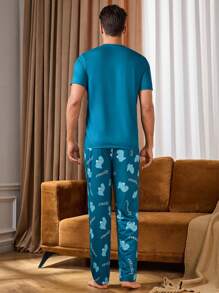Men's Cartoon Dinosaur Print Crew Neck Short Sleeve Top And Pants Pajama Set - Blue - View 2