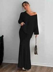 SHEIN Unity 2 件女式休闲长袖上衣和裙子套装 - 黑色 - 查看 4