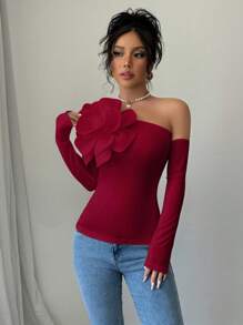 Rafferiza 女式 3D 花卉装饰不对称领口长袖修身 T 恤，适合春秋季女式服装 - 酒紅色 - 查看 6