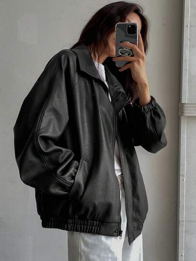 DAZY 1pc Women PU Leather Jacket With Zipper Pockets, Solid Color Casual Everyday Fashion,Fall Women Clothes