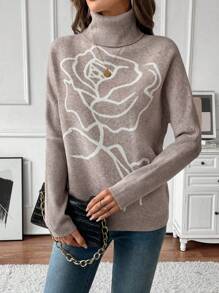 SHEIN LUNE 女士高领休闲印花针织套头衫秋冬款 - 駝色 - 查看 4