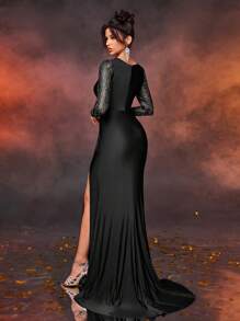 Glamrae Women's Elegant Luxurious Classic Blue Elastic Knit Fabric Spliced Sequins High Slit Flared Long Sleeve Fishtail Maxi Formal Evening Dress, Suitable For Banquet, Party And Important Occasions, Wedding Guest ,Gown Wedding Guest Dress - Elegant Floor Length Gown For Formal Occasion - Black - View 4