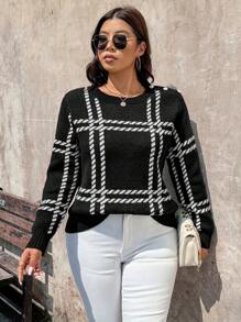 SHEIN Clasi Suéter de cuello redondo con botones de metal de manga larga para mujer de talla grande, elegante para uso diario, clásico casual en negro, para uso casual, otoño/invierno, ropa de trabajo, vestido de invitada de boda de otoño