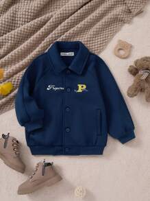 PrepCrw 男童海军蓝字母刺绣修身开衫夹克，学院风，适合返校季和秋冬季 - 藍色 - 查看 1