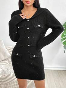 Flirla 2 Teile Damen gestricktes Set: Kapuzen-Crop-Top mit Langen Ärmeln & Bodycon-Rock - Schwarz - Übersicht 3