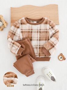 Cozy Pixies 2 Pieces Set: Baby Boys Plaid Fleece Crew Neck Sweatshirt And Pants, Warm Casual Outfit For Winter, Christmas, New Year, Indoor & Outdoor Wear , Fall Clothes
