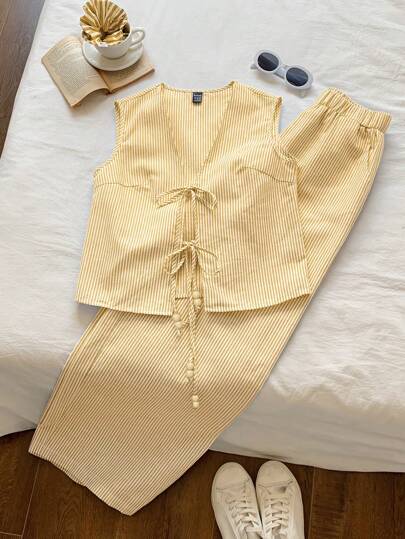 Comfortcana 女士休闲前系蝴蝶结无袖上衣和阔腿条纹裤套装