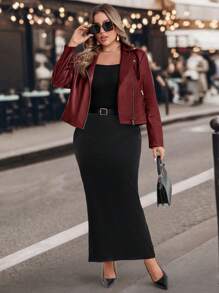 SHEIN Clasi Plus Size Women Autumn/Winter PU Leather Motorcycle Jacket With Metal Zipper Decor - Burgundy - View 4