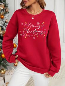 Muchica 圣诞快乐休闲简约圣诞灯泡手写文字印花宽松厚圆领长袖连帽衫女式运动衫 - 紅色 - 查看 3