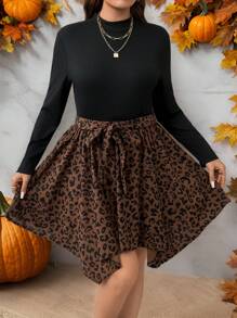 SHEIN LUNE Plus Size Women Casual Patchwork Leopard Print Asymmetrical Hem Dress, Autumn/Winter Thanksgiving Outfit Holiday Outfit
