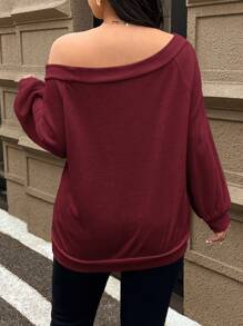SHEIN Frenchy 大码纯色露肩长袖简约运动衫，休闲日常穿着，机场 - 酒紅色 - 查看 2