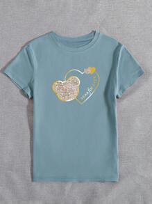 INAWLY 女士休闲圆领短袖 T 恤，带仿珍珠边、小熊印花和标语设计图案 T 恤女式上衣 - 霧霾藍 - 查看 3