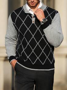 Manfinity Homme Men's Color Block Argyle Pattern Knitted Long Sleeve Graphic Colorful Collared Sweater, Casual Autumn/Winter, For Friends, Work