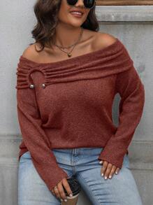 SHEIN LUNE Plus Size Solid Color Off Shoulder Casual Versatile Long Sleeve Sweater For New Year Knit Pullover Fall Winter - Rose Red - View 1
