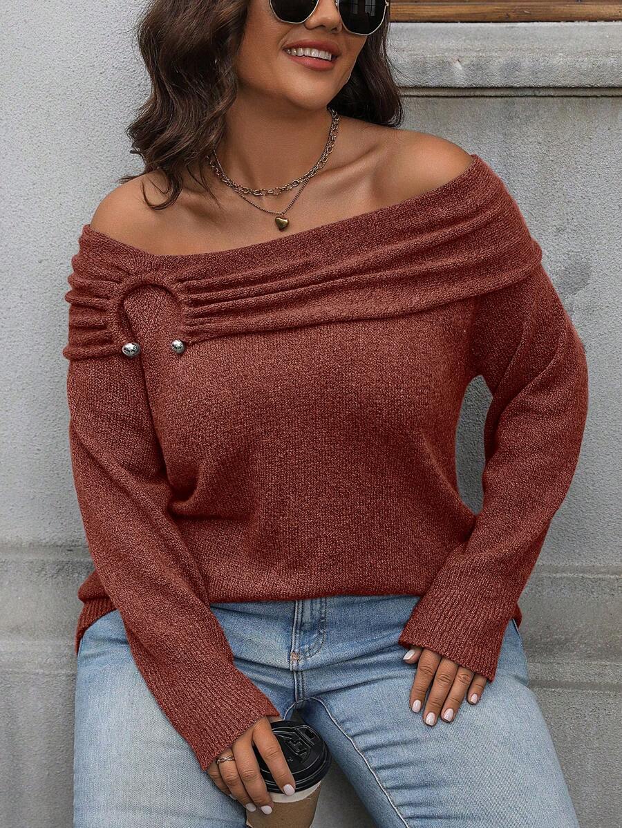 SHEIN LUNE Plus Size Solid Color Off Shoulder Casual Versatile Long Sleeve Sweater For New Year Knit Pullover Fall Winter - Rose Red - View 1