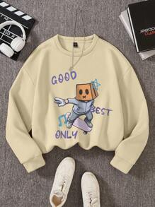 Manfinity Hypemode Áo nỉ in họa tiết cổ tròn cỡ lớn cho nam, áo nỉ dài tay cổ tròn màu kaki tối giản và thời trang khi đi chơi, quà tặng cho bạn bè, chồng, bạn trai - Màu Khaki - Xem 1