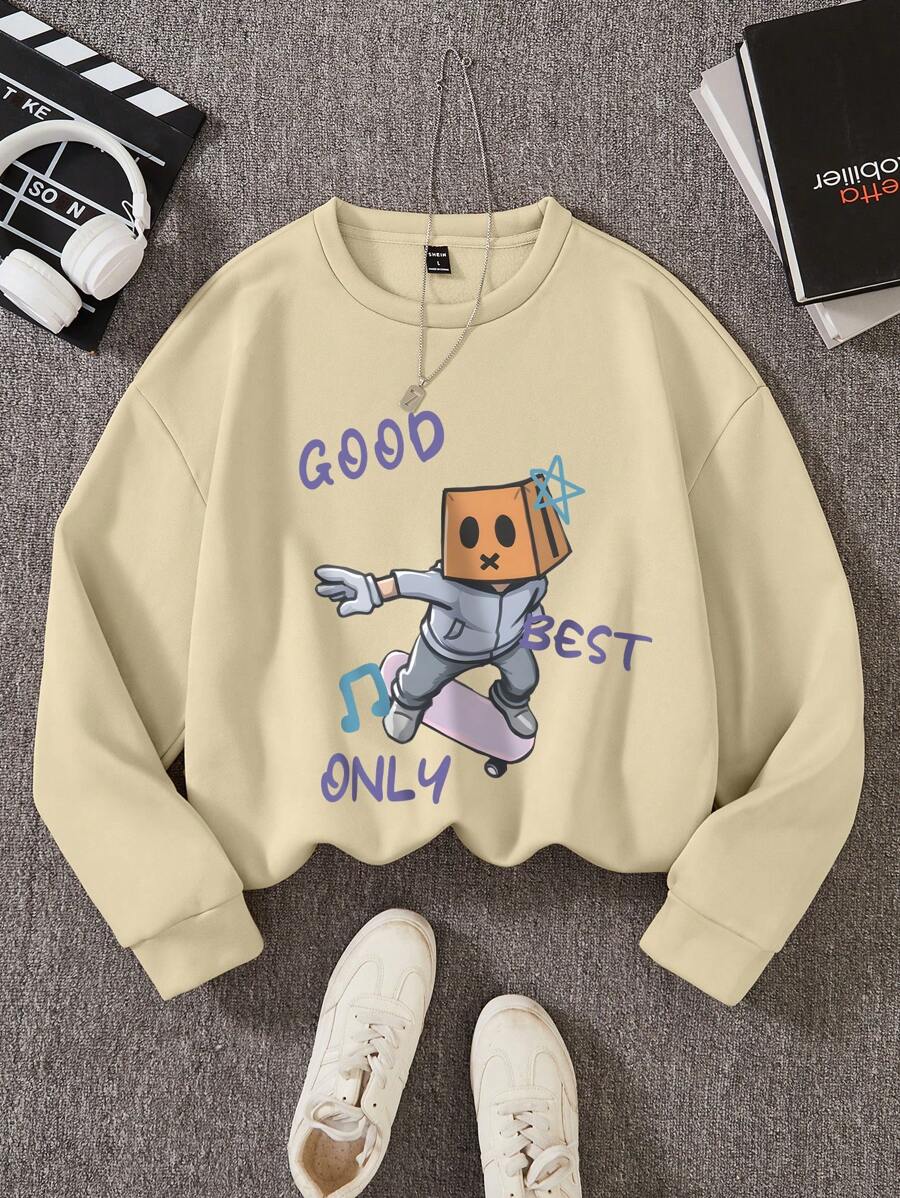 Manfinity Hypemode Áo nỉ in họa tiết cổ tròn cỡ lớn cho nam, áo nỉ dài tay cổ tròn màu kaki tối giản và thời trang khi đi chơi, quà tặng cho bạn bè, chồng, bạn trai - Màu Khaki - Xem 1