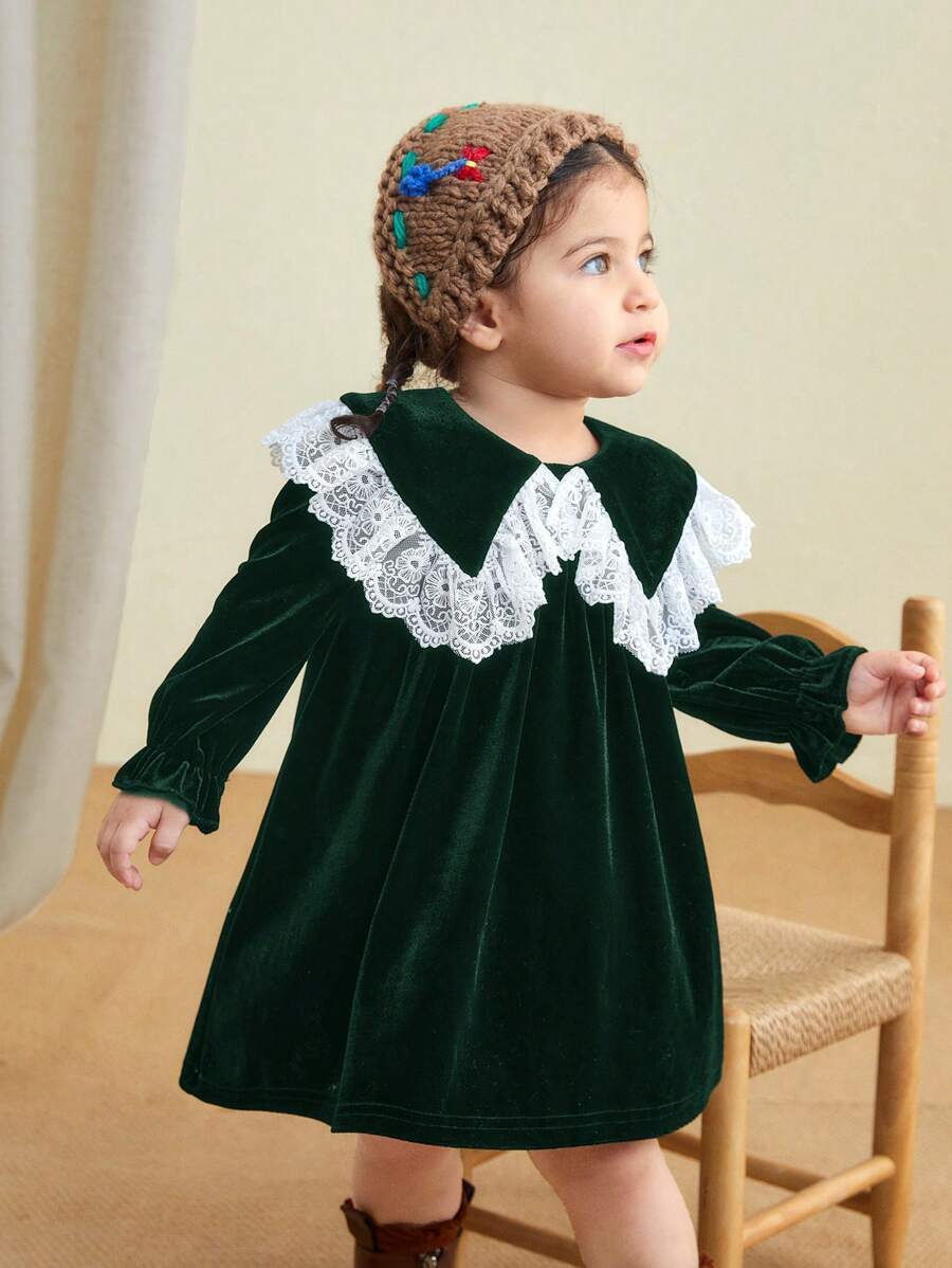 SHEIN LMoss Kids LMoss 女婴可爱优雅弹力天鹅绒和撞色蕾丝彼得潘领连衣裙,秋季 - 彩色 - 查看 1
