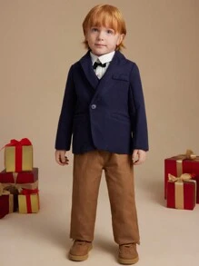 PrepCrw 小男孩蓝色纯色编织西装外套，校园风格